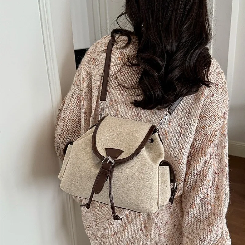 Vintage Small Canvas Crossbody Bag Flap Drawstring Closure Shoulder With PU Leather Strap Backpack Shoulder For Women Girls