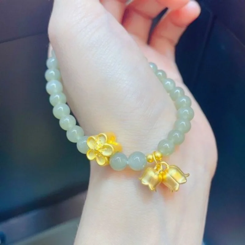 Gorgeous Elegant Temperament Classics Senior Peach Blossom Lily of the Valley Hotan Jade Ladies' Bead String Bracelet Jewelry