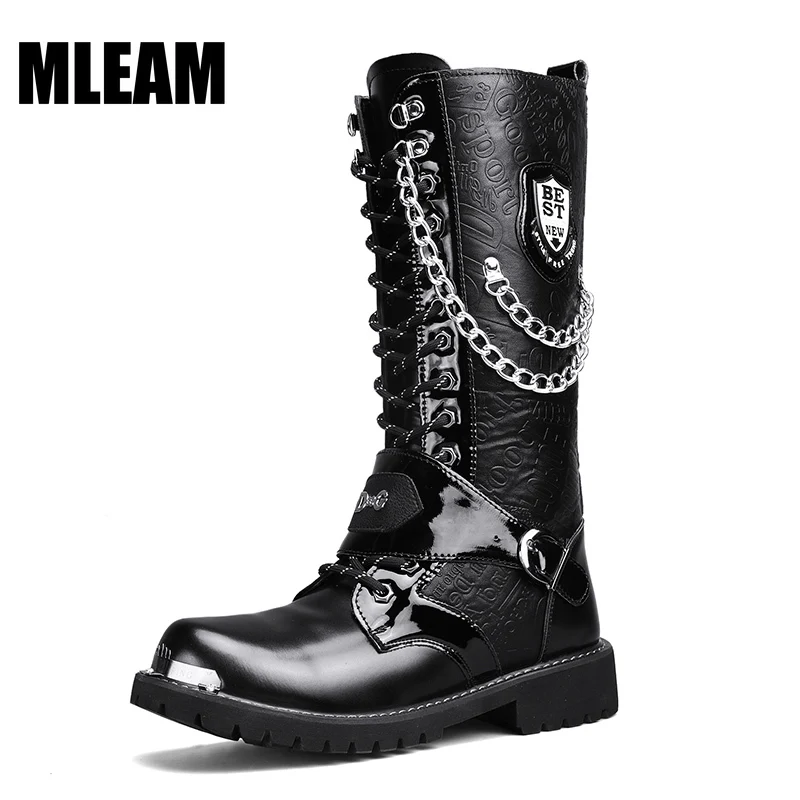 New 2023 Men Leather Motorcycle Boots Fashion Mid-Calf Punk Rock High Top Casual Boots Men Shoes Military Riding Boots Black