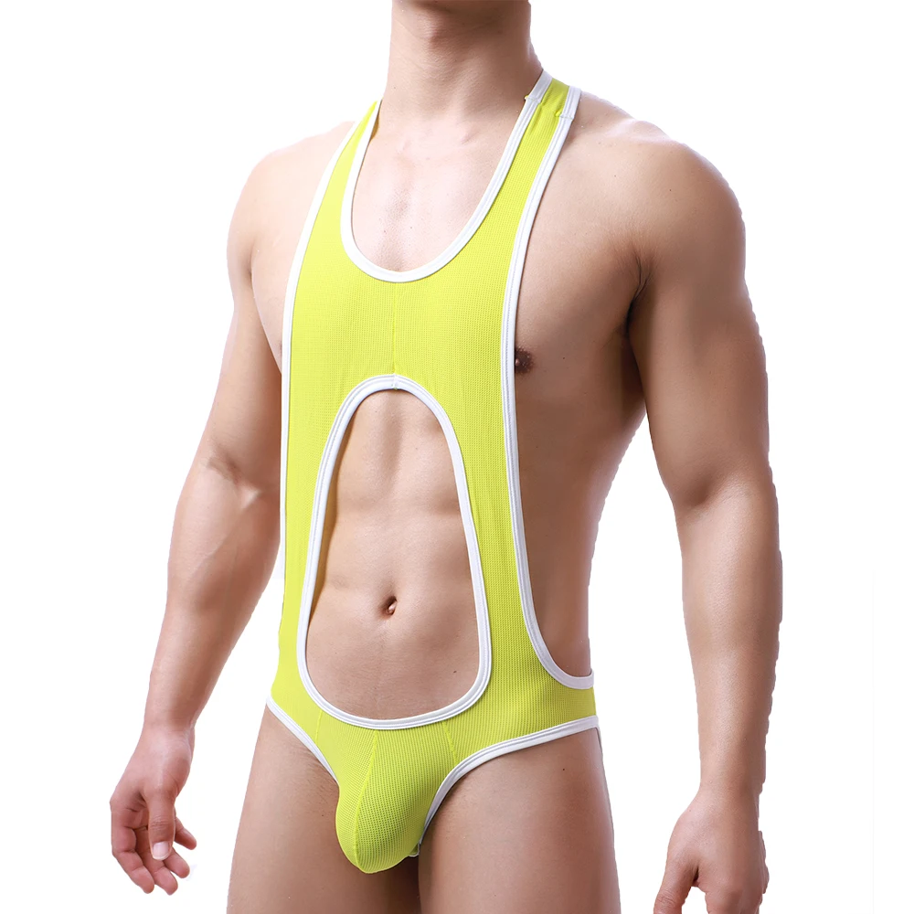 Sexy Men Undershirts Leotard Jockstrap Mesh Breathable Bodysuits Fetish Erotic Open Butt Rompers Wrestling Singlet Underwear 2XL