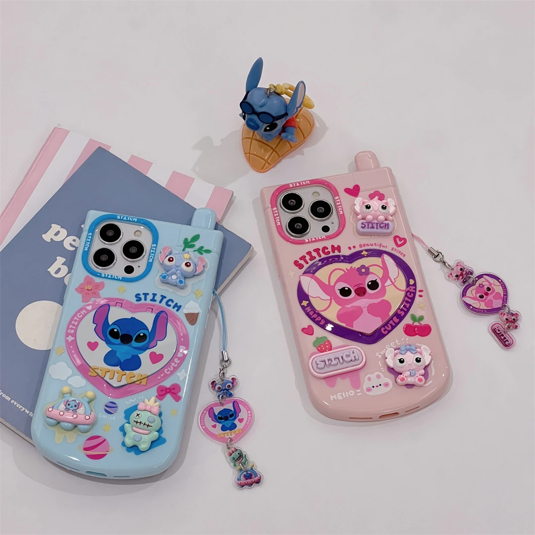 Cartoon Cute Stitch Angel Doll Mirror Stand Phone Case For iPhone 15 14 13 12 16 Pro Max Funny Big Brother Cover Y2k Girl