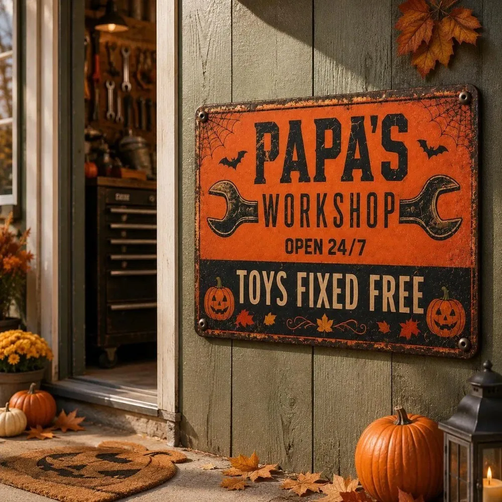 1pc Customizable Fall Workshop Metal Plaque, Personalized Name Vintage Distressed Wall Decor for Garage Outdoor Home (Decor Only