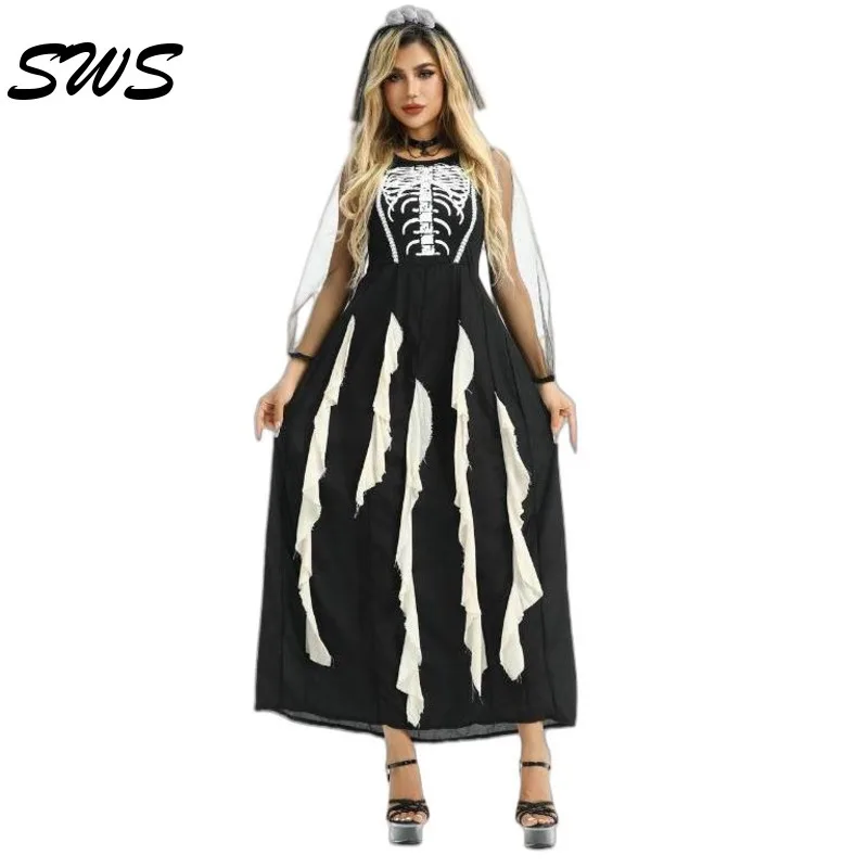 

Halloween Costume Gothic Devil Ghost Bride Dress Dark Ghost Vampire Horror Zombie Skeleton Bride Party Play Combination Set