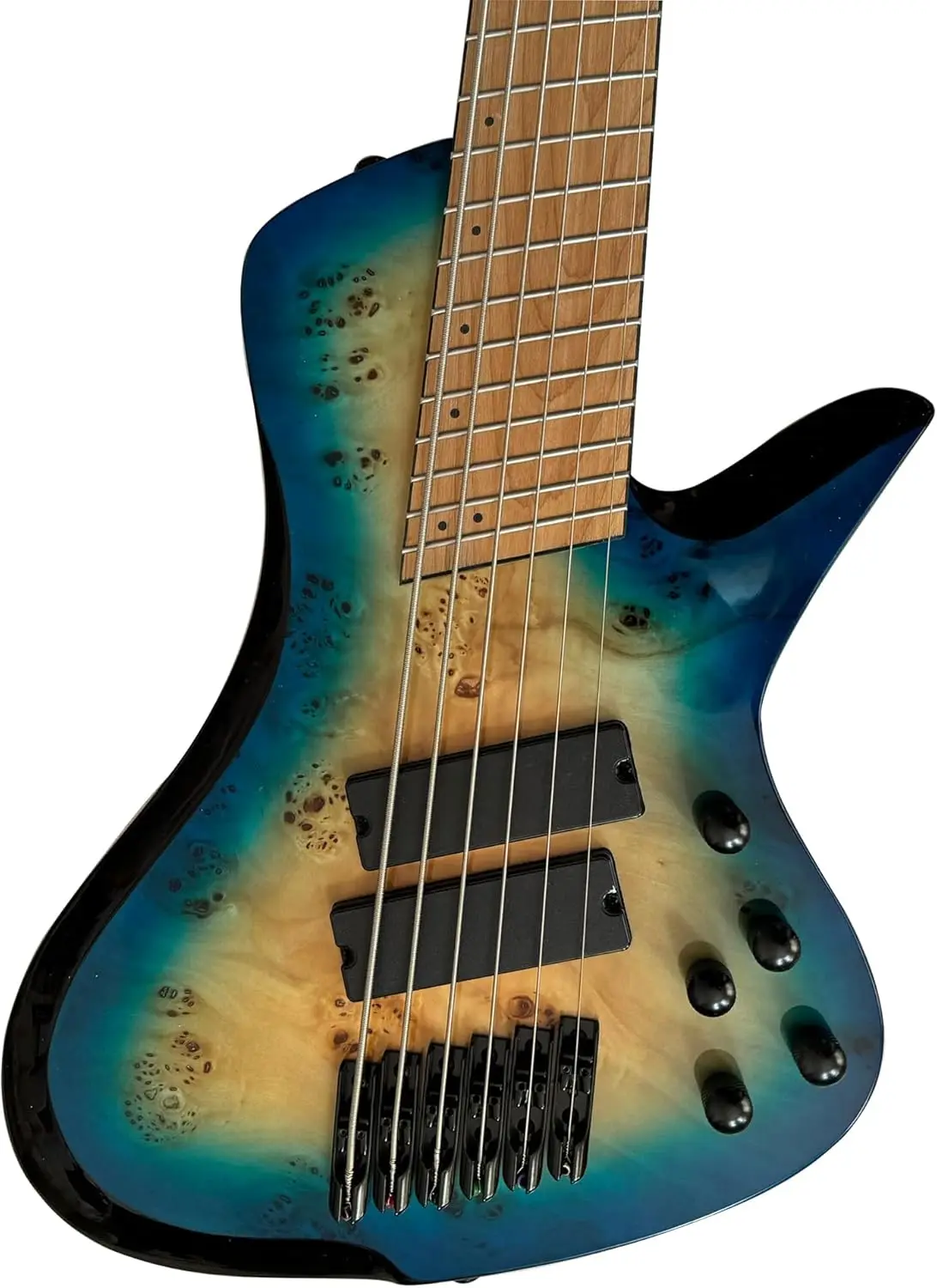 Fanned Fret 6 String Electric Bass Guitar Blue Burl Burst,Quilt Maple Top,Roasted Maple Neck,Active/Passive Humbuckers New Style