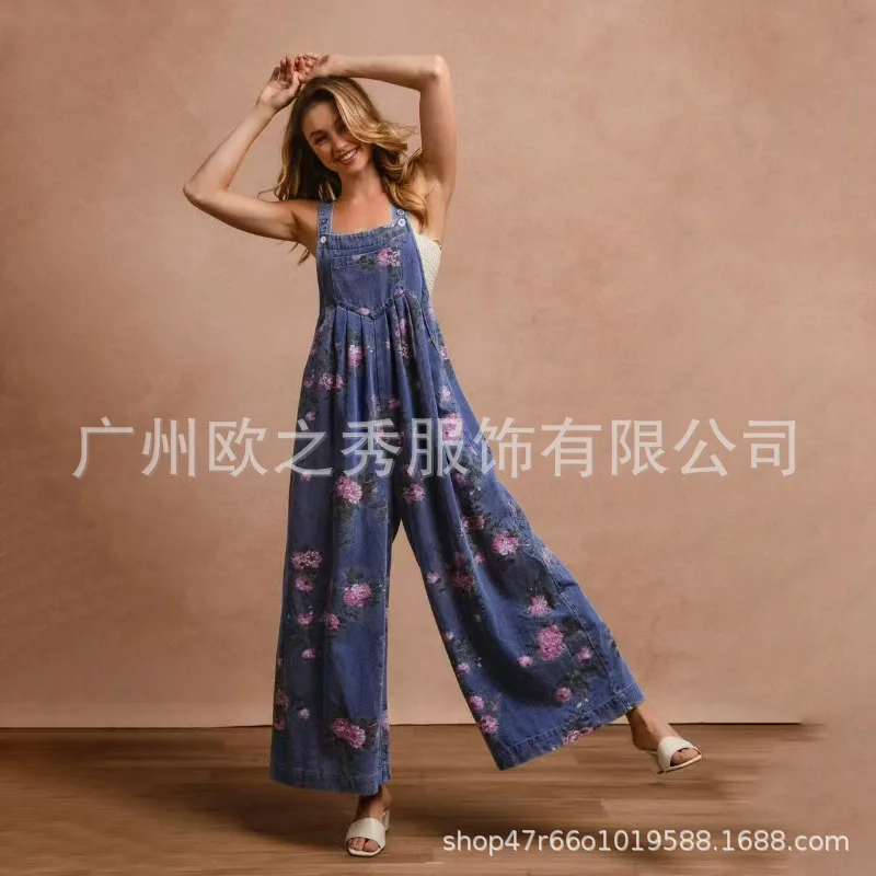 Combinaisons en Denim imprimé Floral pour femmes, sans manches, tendance, barboteuse, tenue de Festival, salopette ample, poches plissées, pantalons longs