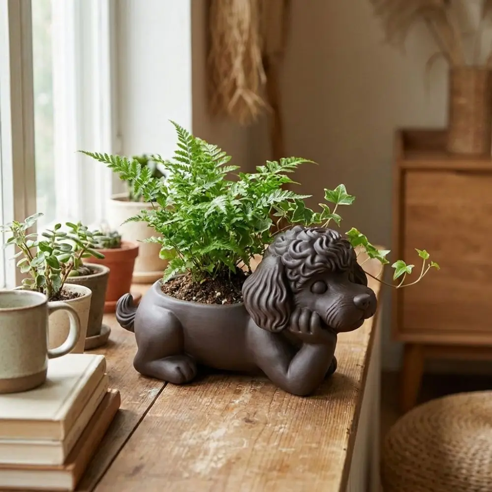 3D Printed Dog Shape Storage Ornament Multi-functional Plastic Curly Puppy Succulent Planter Minimalist Animal Shaped