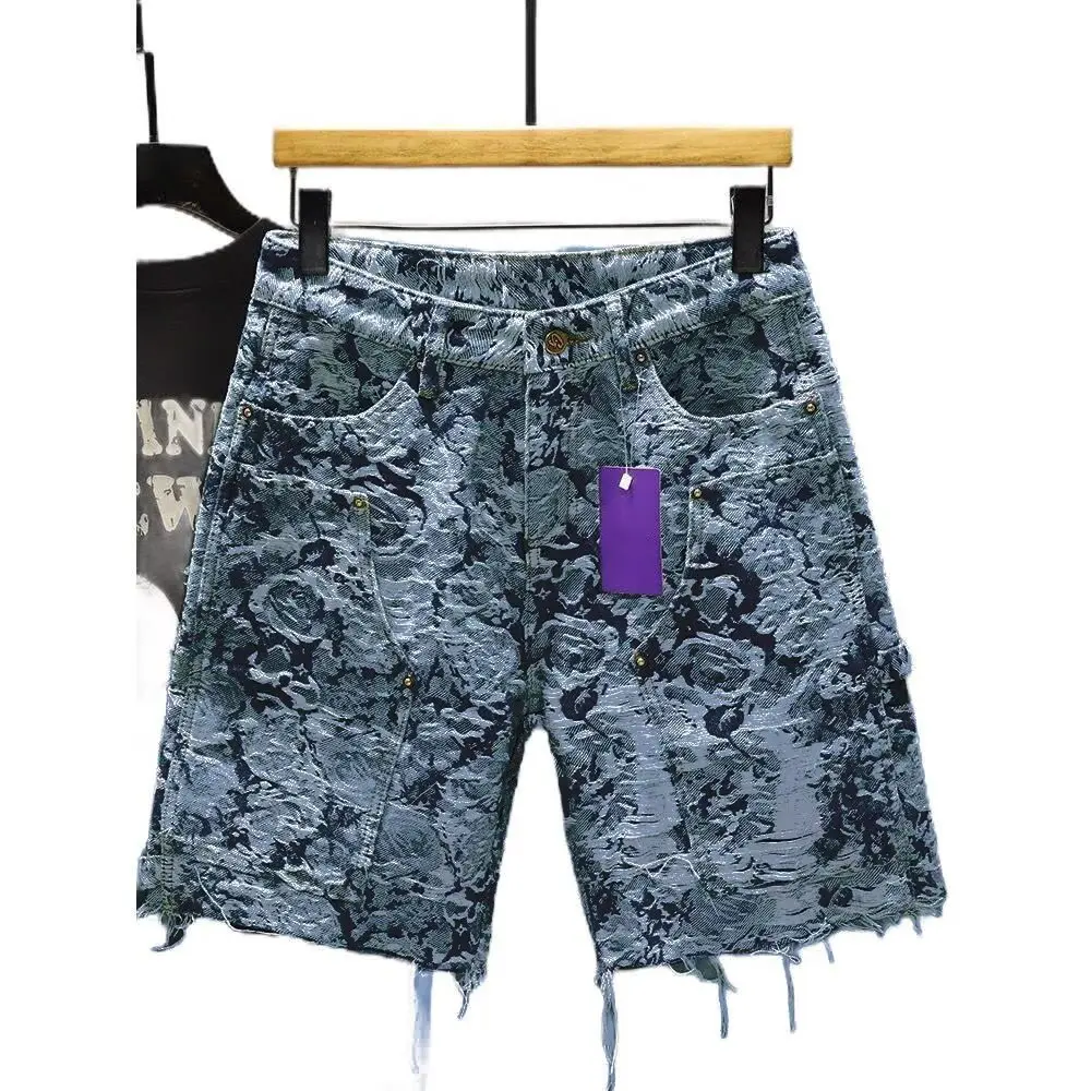 Summer New Floral Denim Shorts Men's Fashion Versatile Loose Jacquard Five-point Pants Casual Pants Shorts Men