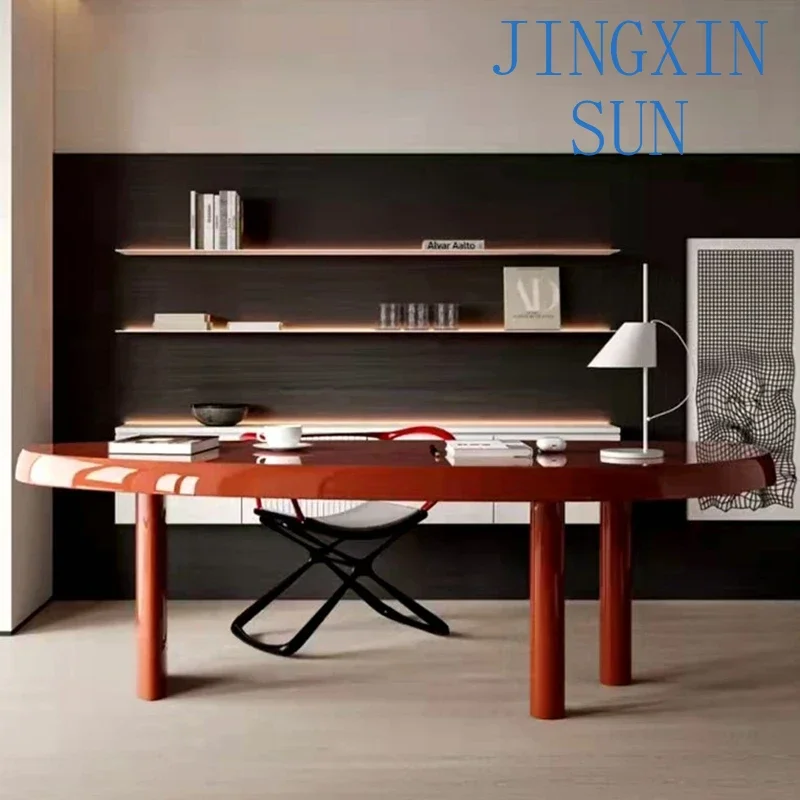 The desk is simple and modern,  elliptical semi-circular half-moon type solid wood