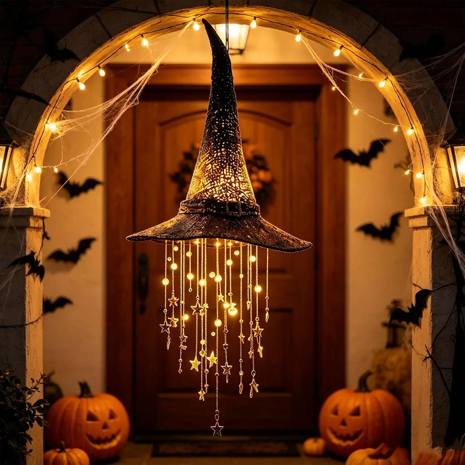 Lighted Witch Hat Hanging Chime, Witch Hat with Lights & Glowing Star Garland, LED Halloween Ornament Decor for Porch