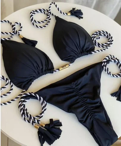 Baju renang seksi Set Bikini wanita baju pantai Bikini Kolor pakaian renang macan tutul dua potong baju renang baju mandi renda Set Bikini pantai