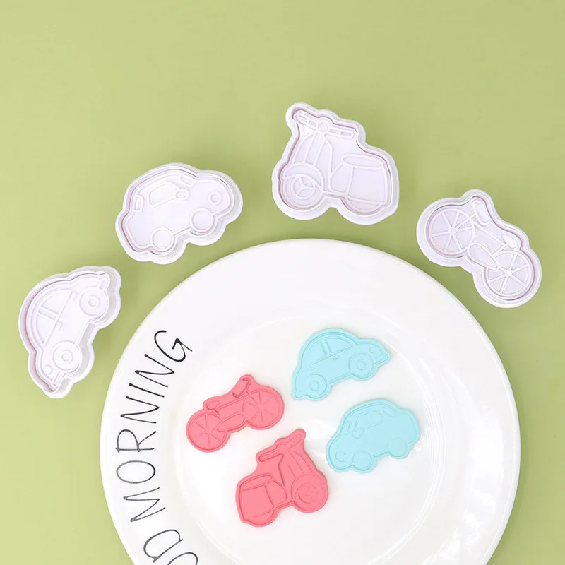 New 3D 4pcs Car Vehicle Bus Cookie Stamp Press Type Frosting Biscuit Cutter Cake Mold Baking Tool Mould Fondant Muffin Chocolate