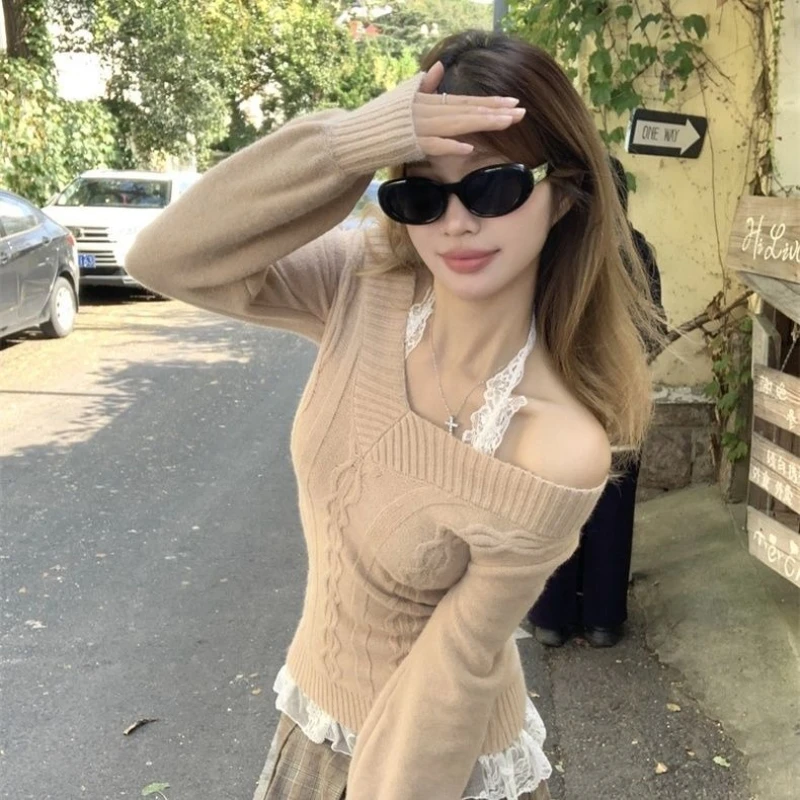 Deeptown Korean Style Grey Sexy Sweater Women Sweet Off Shoulder V-neck Knitted Pullover Slim Up Fashion Long Sleeve Sweaters