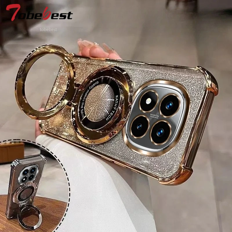 Coque en silicone antichoc avec placage pailleté pour Xiaomi Redmi Note 15 Pro Plus 15C 4G 5G, support magnétique pour téléphone, coque souple