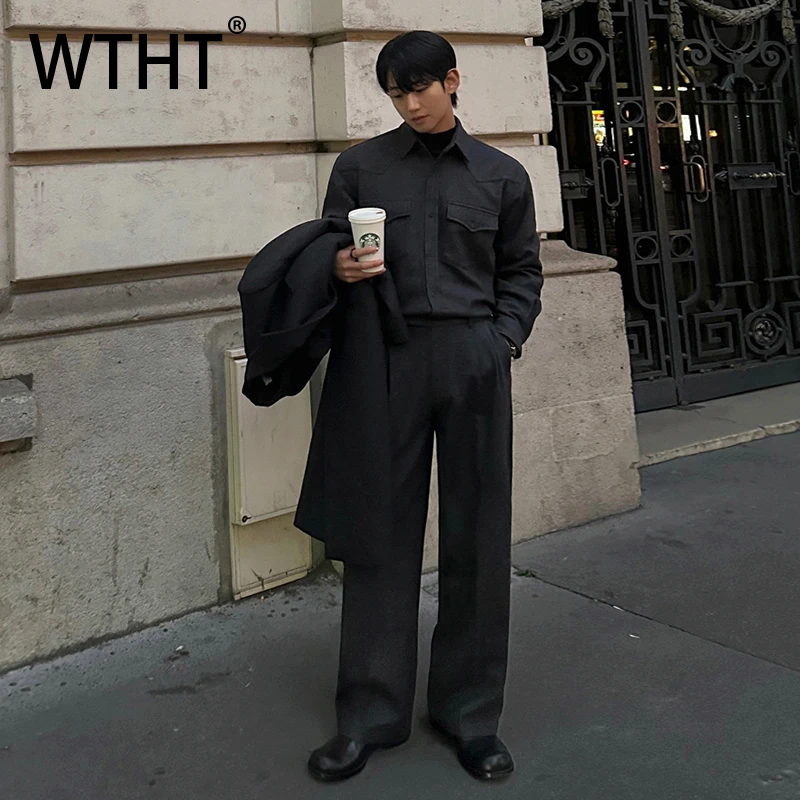 

WTHT Fashion Men's Solid Color Pockets Lapel Cargo Shirts Trendy 2025 Winter High-waisted Wide Leg Pants Male 2A2505