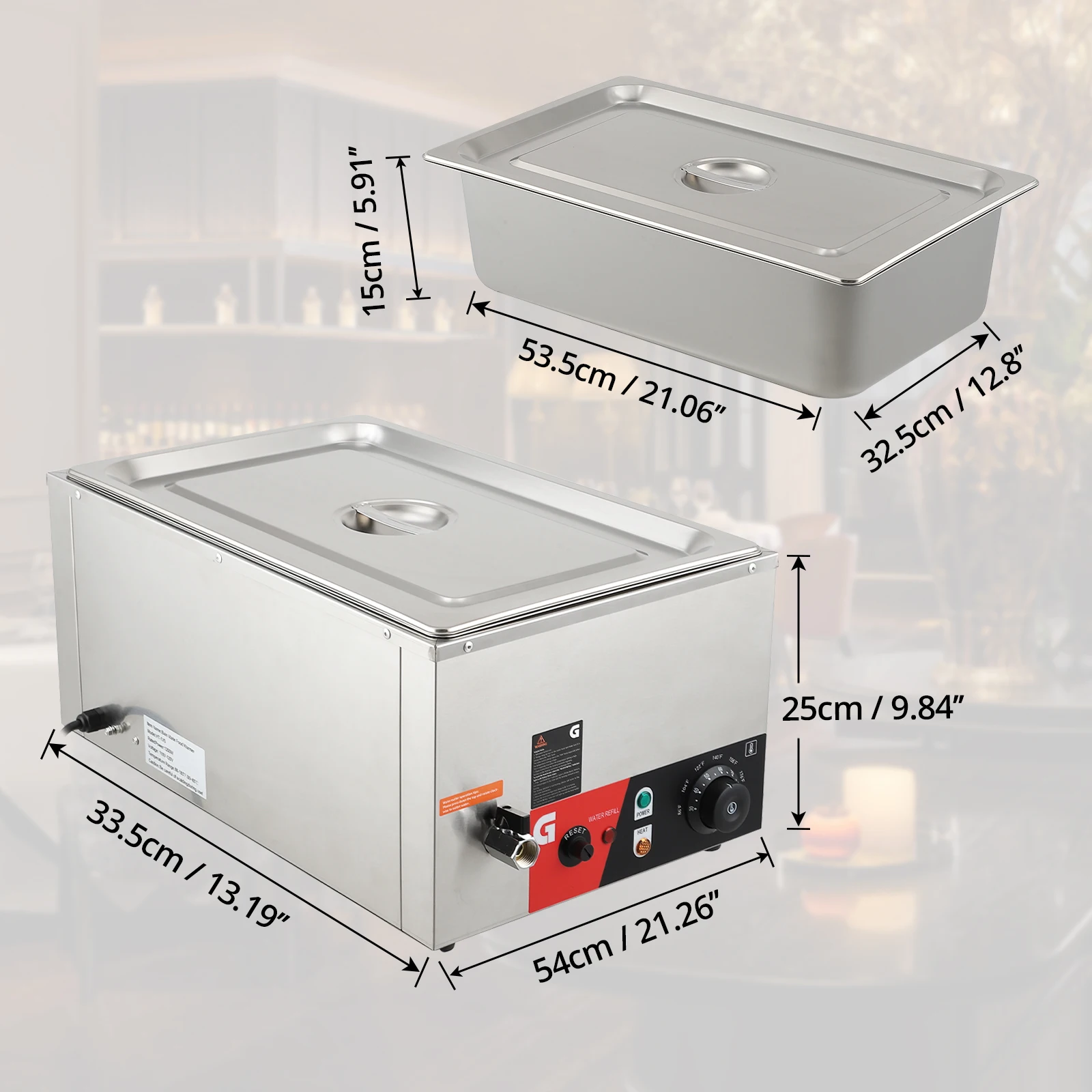 Full Size Commercial Food Warmer 20QT Generous Capacity,1200W Electric Steam Table,Stainless Steel,Efficient Heating,86-185°F Te