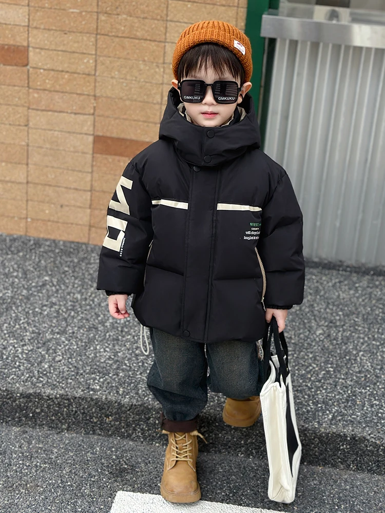 

Новая зимняя утепленная куртка для мальчиков с капюшоном, с буквенным принтом, модная, белая, на пуху, для подростков