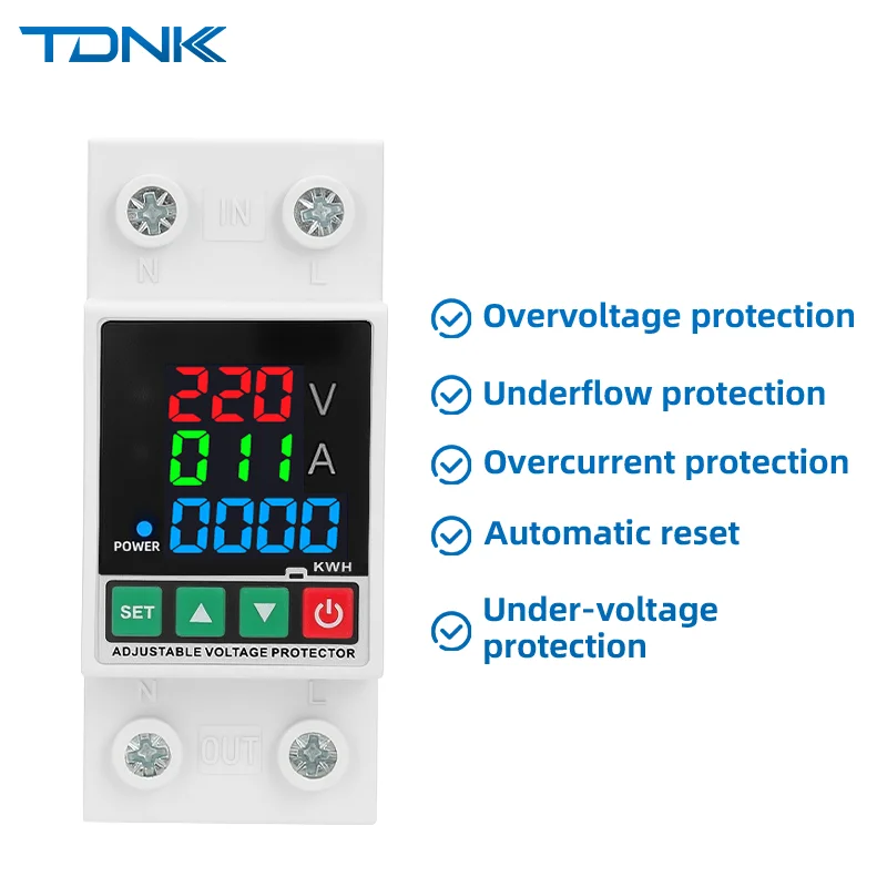 

63A 230V Din Rail 3IN1 Display Adjustable Over Voltage Current and Under Voltage Protective Device Protector Relay 220V KWH
