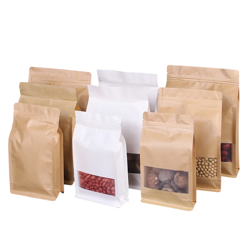 50pcs Kraft Paper Bags Resealable Zip Lock Stand Up Pouches Heat Seal Food Packaging Bag for NUts Tea Grains Storage Retail Pack