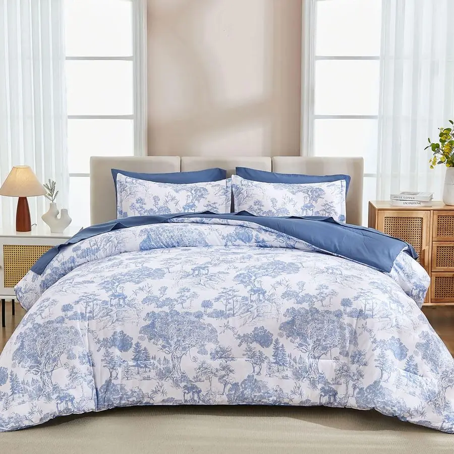 

Blue Comforter Set Full, 7 Pieces Full Size Flower Comforters with Sheets Elegant Plants Print Bed in a Bag Soft Microfiber Reve