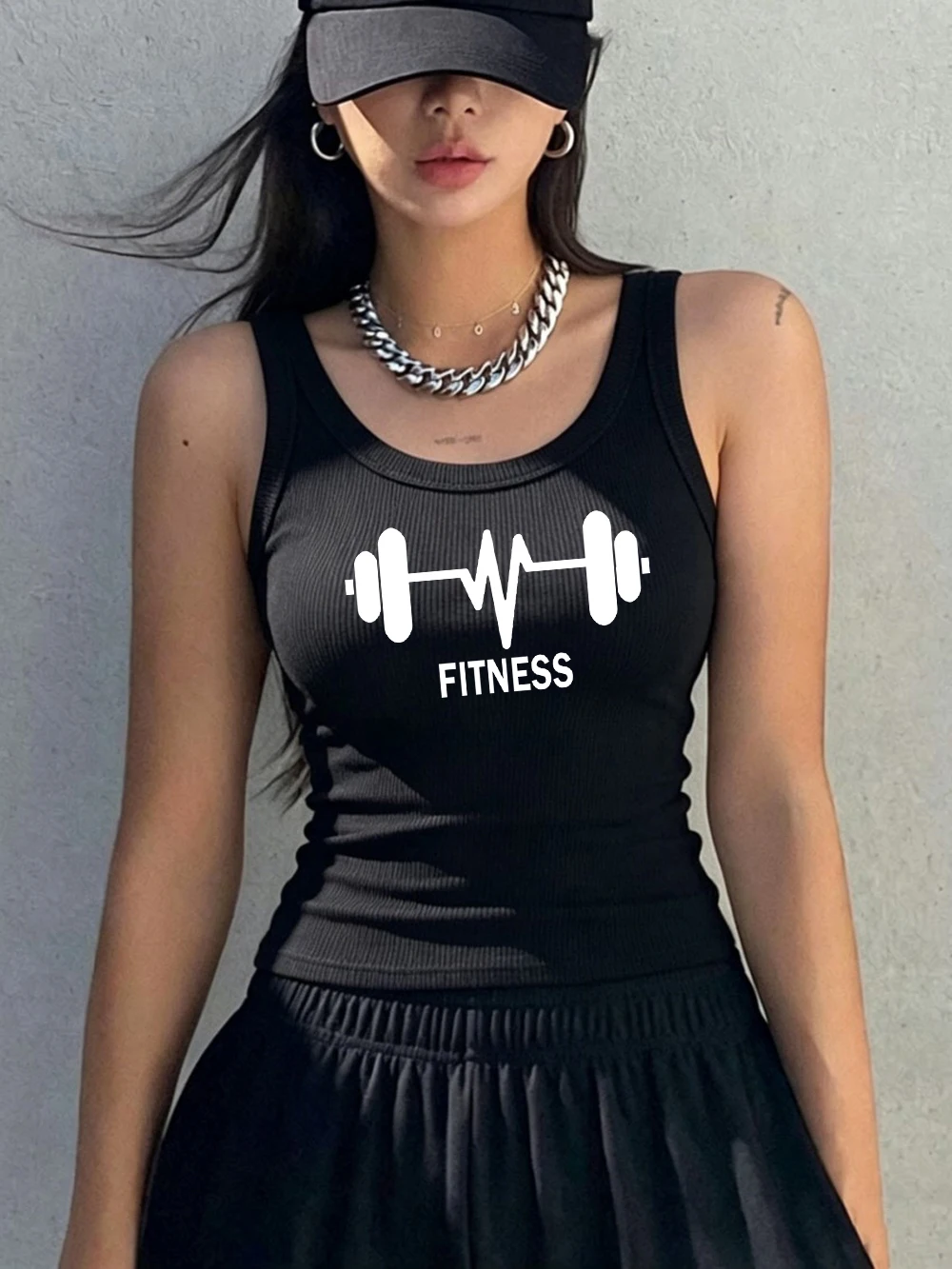 Fitness Barbell Creative Printing Sleeveless Summer Womens Cotton Singlet Korean O-Neck Soft Ribbed Knit Vest Y2K Slim Tank Tops