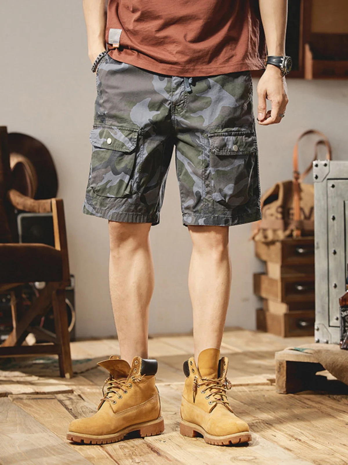 Waed Pantaloni da lavoro da uomo casual Camouflage estivo Multi-ket Loose Fit Orbs a cinque quarti Gamba dritta Spor di media lunghezza