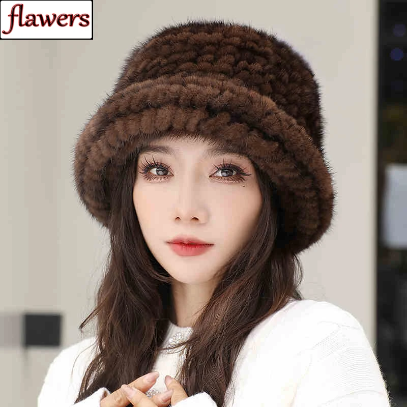 Real Mink Fur Hat For Women Winter Keep Warm 100% Genuine Mink Fur Bucket Hats Lady Luxury Natural Knitted Real Mink Fur Caps