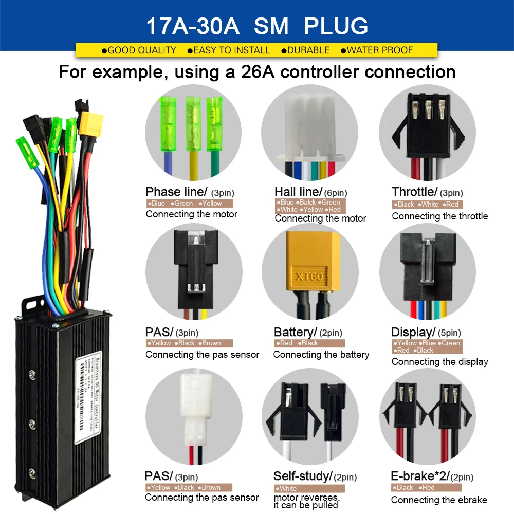 Controller a onda sinusoidale Ebike a tre modalità 36V 48V 17/26/30/40A con Display LCD S866 S966 per motore mozzo ruota Brushless 250W-2000W