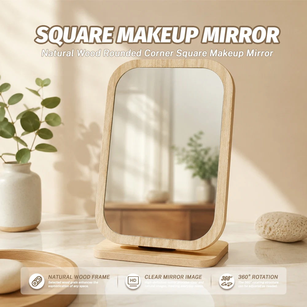 Fashion Wooden Vanity Mirror Folding Design Rotating Makeup Mirror HD Single Sided Desktop Mirror Design Perfect for Home