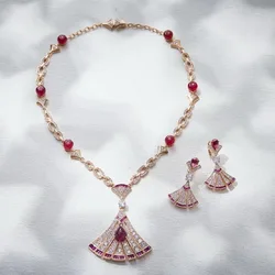 Custom Designer Collection Style Dinner Party Jewelry Sets Inlay Cubic Zircon Synthetic Ruby Fanshaped Pendant Necklace Earrings