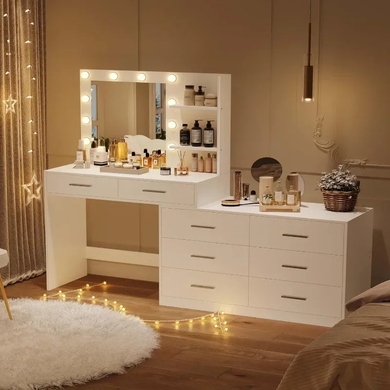 Vanity Desk with Mirror and 3-Color Lights, 8 Drawers Vanity Table with Side Storage Shelf, Dressing Table, Adjustable Width