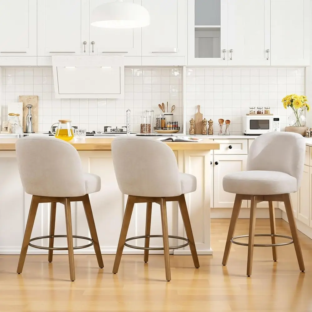 

Fabric-Covered Counter Height Bar Stools with Walnut Legs, 26 Beige Chairs for Kitchen Island