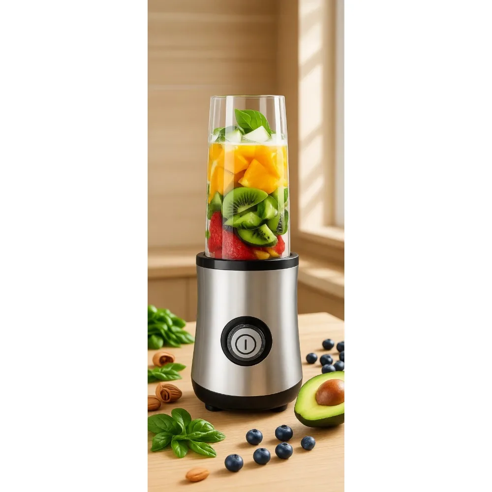 

Персональный портативный блендер мощностью 350 Вт для смузи и коктейлей, легко чистится, удобно носить с собой