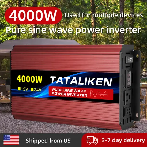 1000W 1600W 2200W Pure Sine Wave Inverter USA, DC 12V to AC 110V 60Hz with NEMA 5-15 Outlet, Ultra Quiet Power Converter for Camping Laptop TV Light, Travel Essentials