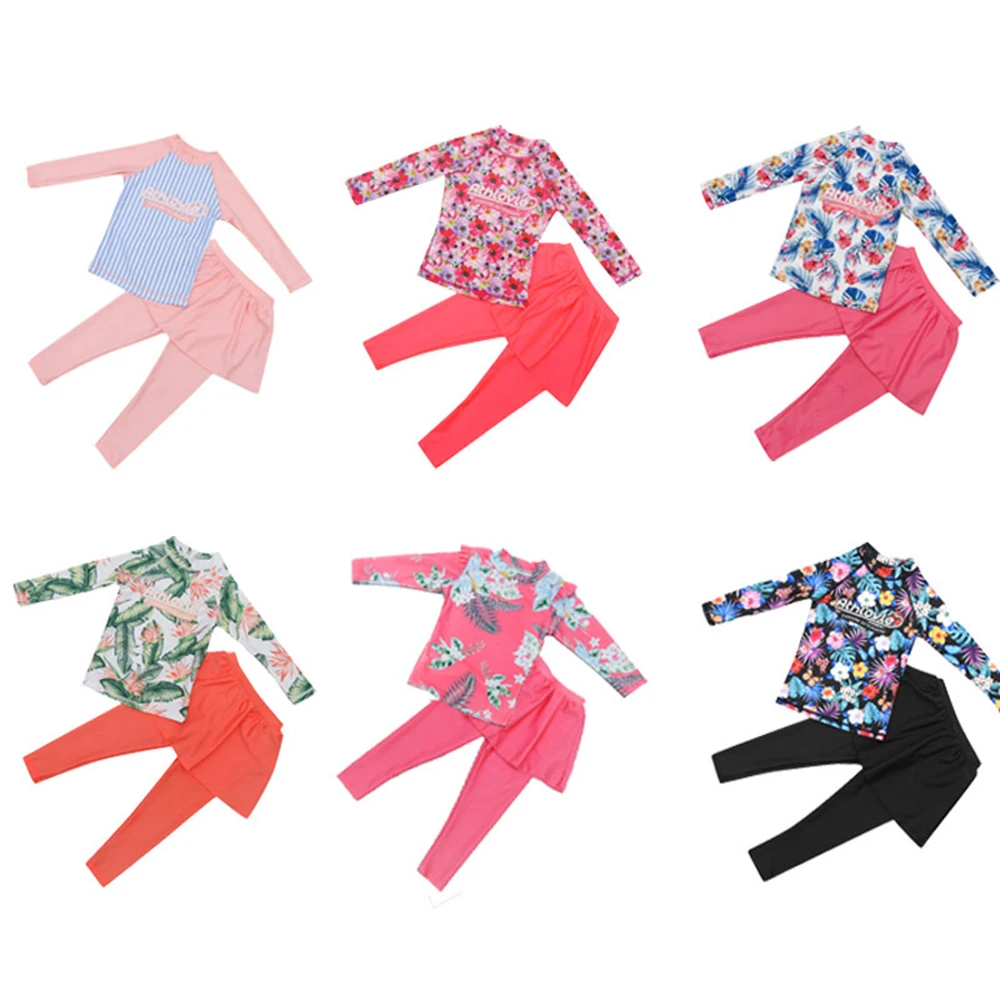 Kids Swimsuits For Girls 2023 2 Piece Set Flower Print Long Sleeve Shirt 2 In1 Princess Skirt Pants Children Bathing Suit Beach