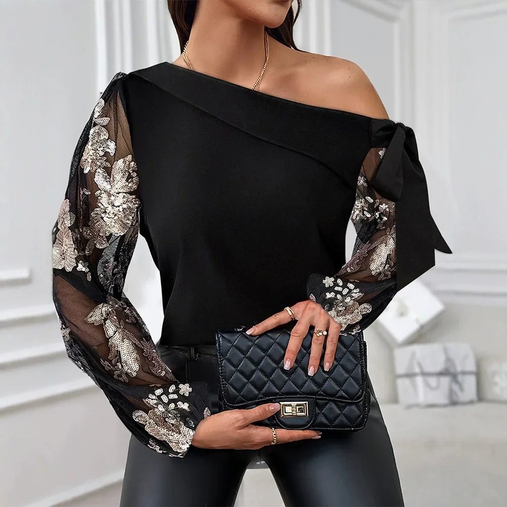 

Fashion Sequin Tops Women Floral Pattern Skew Neck Sheer Mesh Patch Long Sleeve Casual Lace-Up Daily Blouse 2024 Spring New