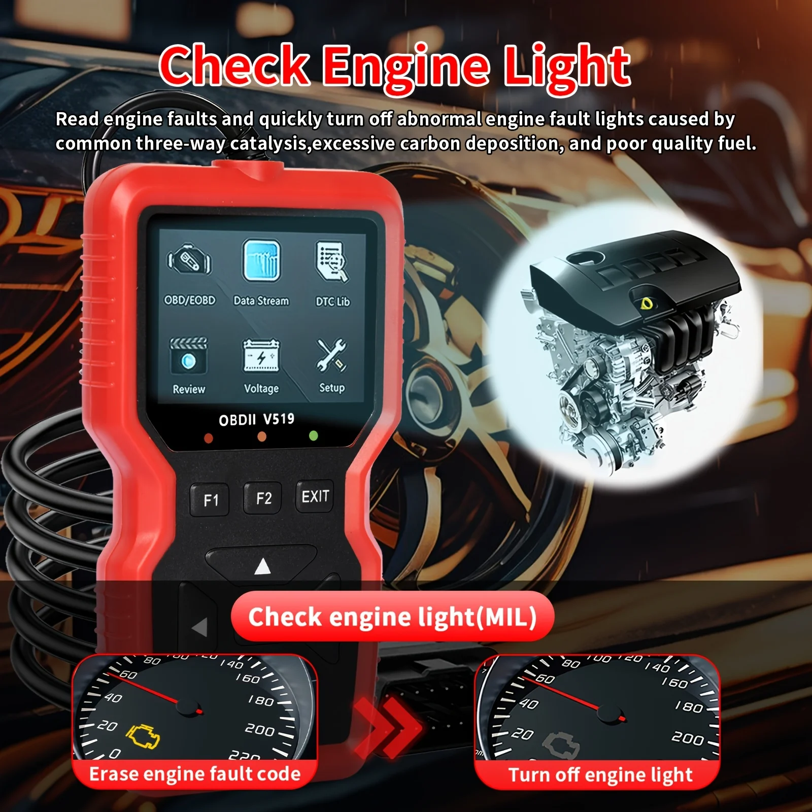 Professional Advanced Obdii/Eobd Car Diagnostic Scanner Tool, Battery Tester, I/M Readiness Status, Trouble Code Eraser, Suitable for All Obd Ii Protocol Cars since 1996, No Battery Required