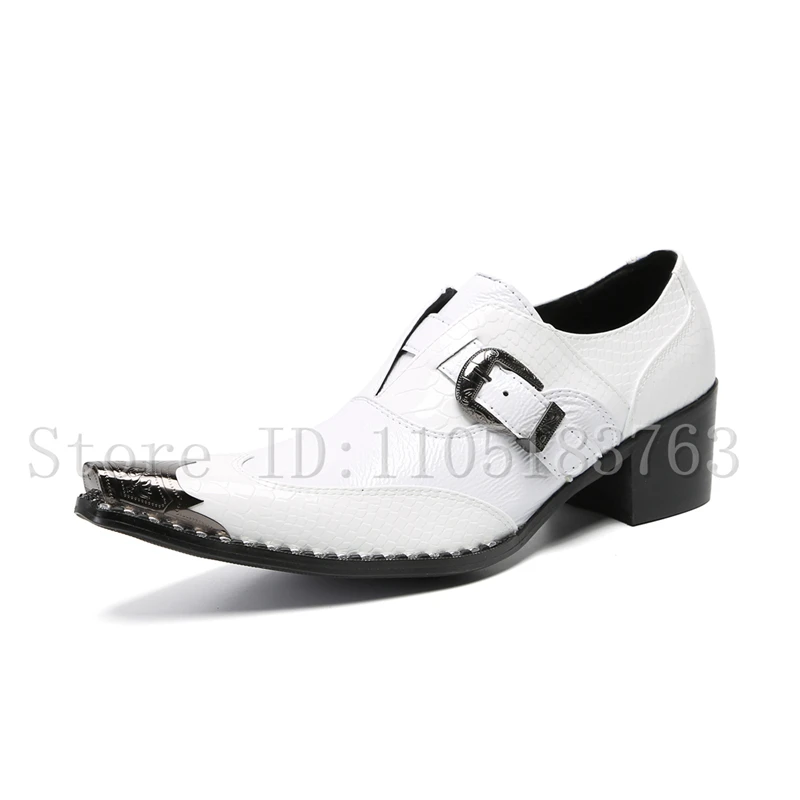 Men's Pointed Toe White Genuine Leather Shoes, Metal Toe Cap Buckle Formal Dress Shoes for Party Wedding