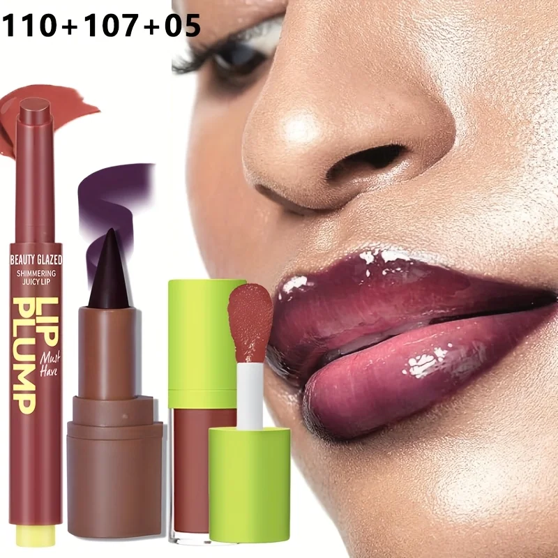 BEAUTY GLAZED リップ 3 個セット、リップオイル + 口紅 + ジューシーな口紅、保湿非ベタつき口紅軽量、構築可能、長持ち