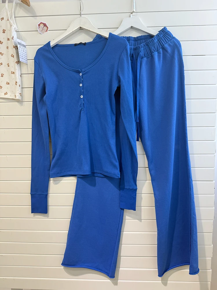 

Тонкая домашняя пижама Henley с длинными рукавами, комплект из 2 предметов, женская осенняя футболка, прямые брюки, милые элегантные футболки, комплект брюк Y2K 2025
