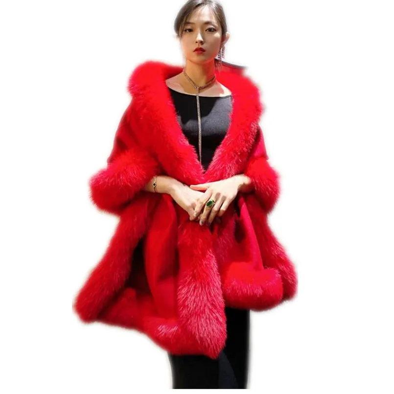 Fashion Real Fox Fur Shawl for Women Winter Warm Cape 100% Wool Fur Trim Scarf