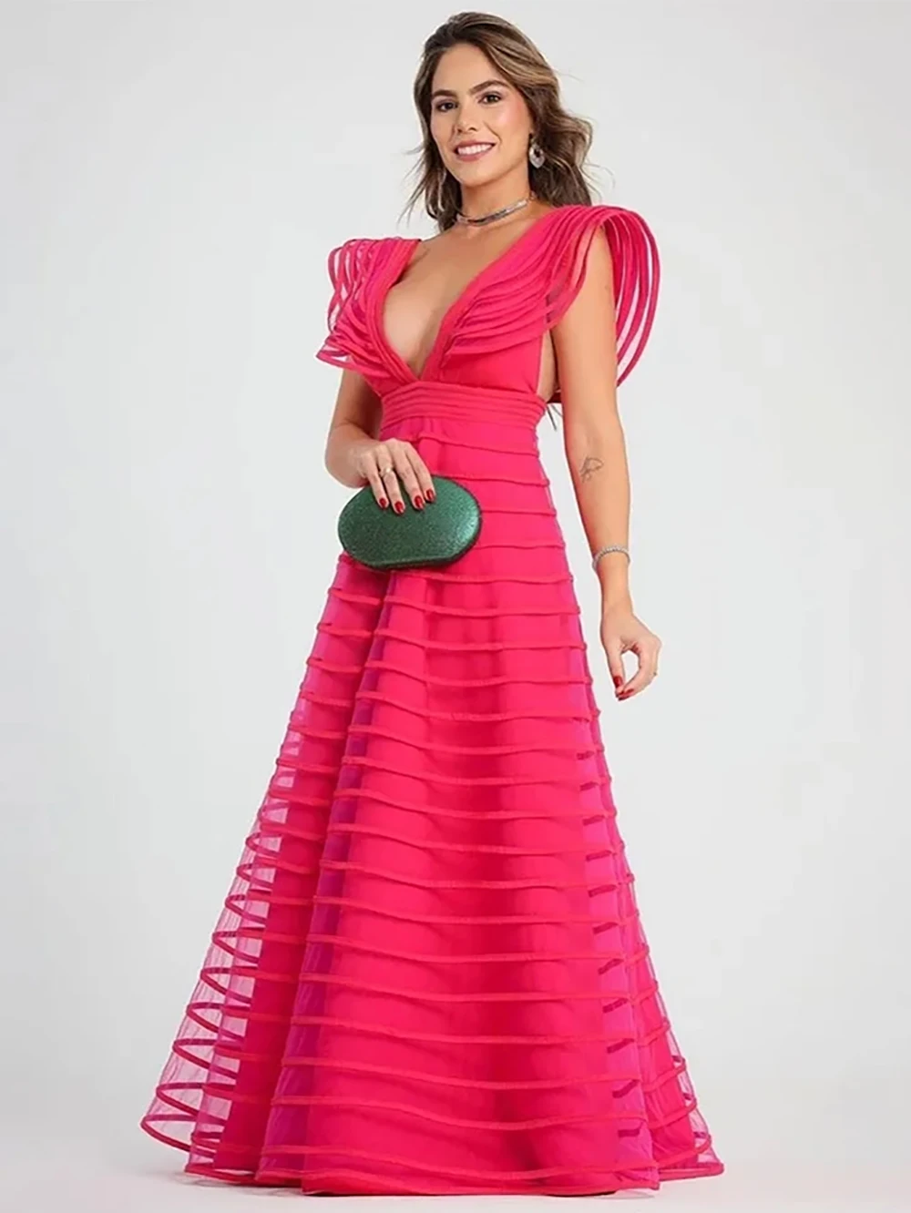 Verngo Fuschia A Line Long Evening Dresses V Neck Cap Sleeves Floor Length Prom Dress Women Party Special Occasion Dress