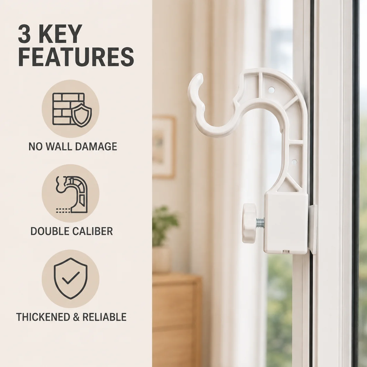 2PCS No Drill Curtain Rod Holder Adjustable Clip On Bracket Support for Tension Rod Windows