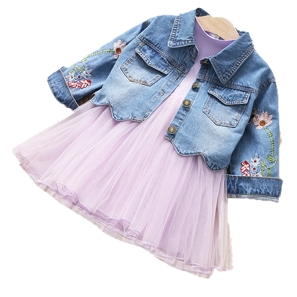 Spring Autumn Little Girls Denim Clothing Set 3pcs Children Long Sleeve Jacket and Dress Set