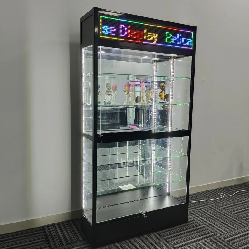 Custom. newest smoke shop display cases with LED scroll screen glass display showcases mirror back display cabinet for Smoke Sho