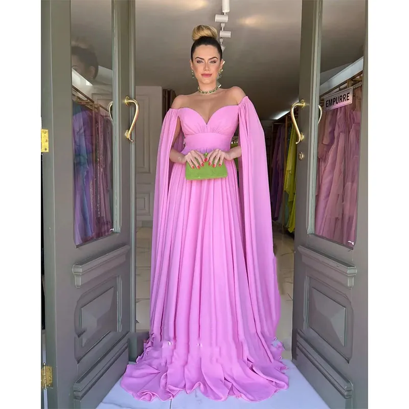 Sexy Pink Off Shoulder Evening Dresses Off Shoulder Cap Sleeves A-Line Floor-Length Saudi Arabia Prom Gowns