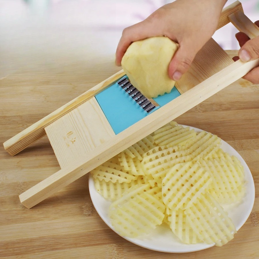 1pc Stainless Steel Waffle Slicer - Natural Solid Wood Handle, Sanded Finish, No Glue or Splices, Perfect for French Fries