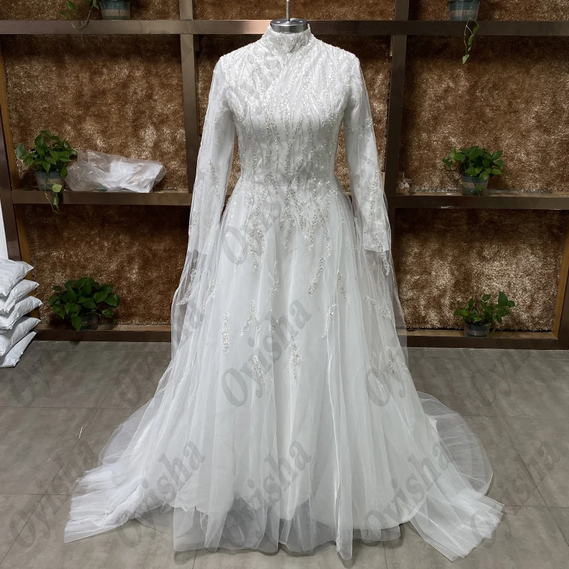 OYISHA Luxury Beaded manica lunga abiti da sposa musulmani collo alto Hijab islamico abito da sposa arabo Dubai caftano abiti da sposa Lusso Beaded Manica Lunga Musulmana Abiti Da Sposa Collo Alto Islamico Hijab Abito