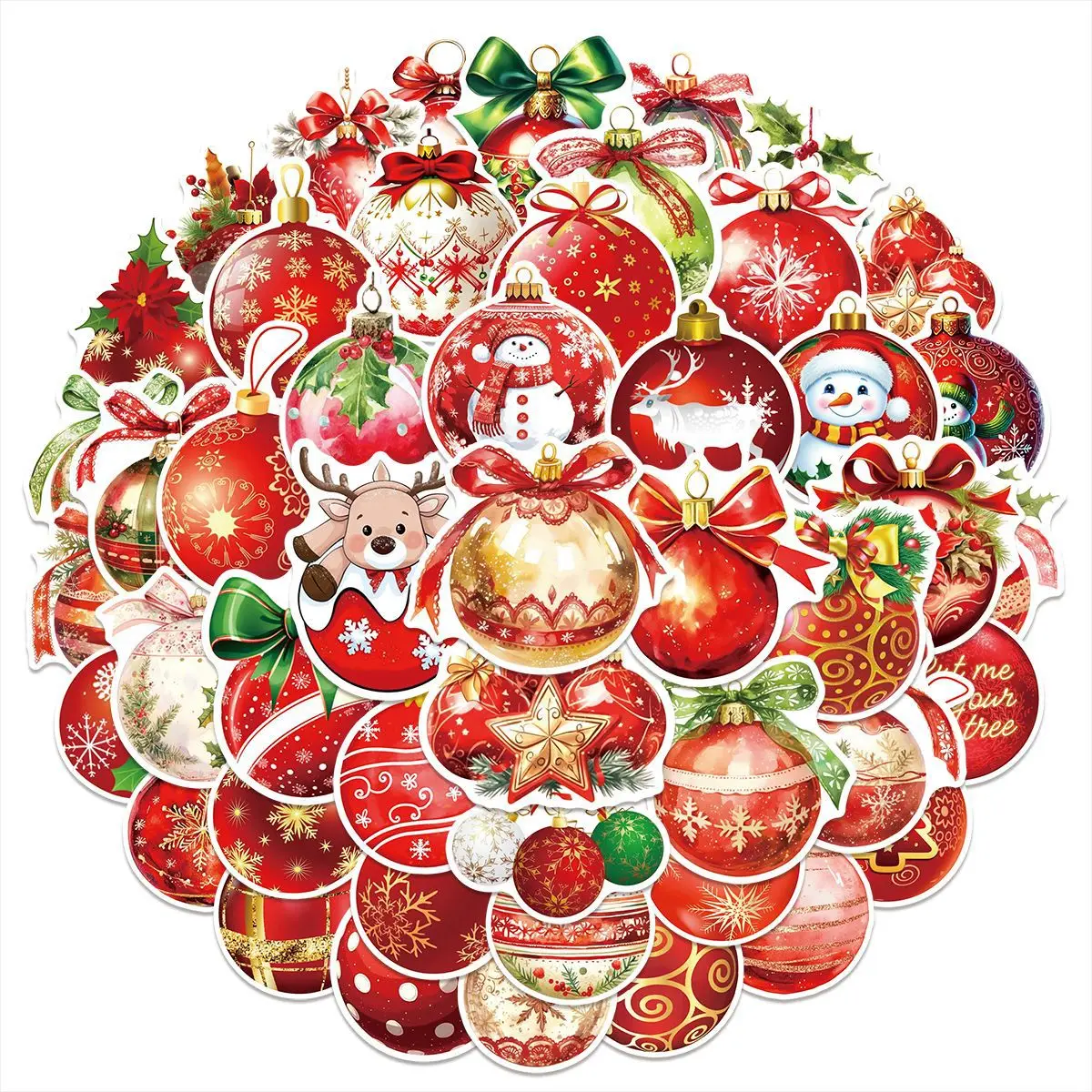 50pcs Christmas Ball Stickers Set Watercolor Graffiti Snowman & Reindeer Hand Account Collage Material for DIY Craft Decoration