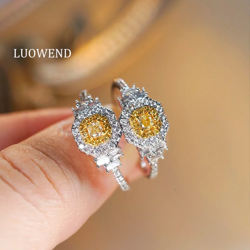

LUOWEND 100% 18K White Gold Rings Real Natural Yellow Diamond Engagement Ring for Women Elegant Palace Style High Party Jewelry
