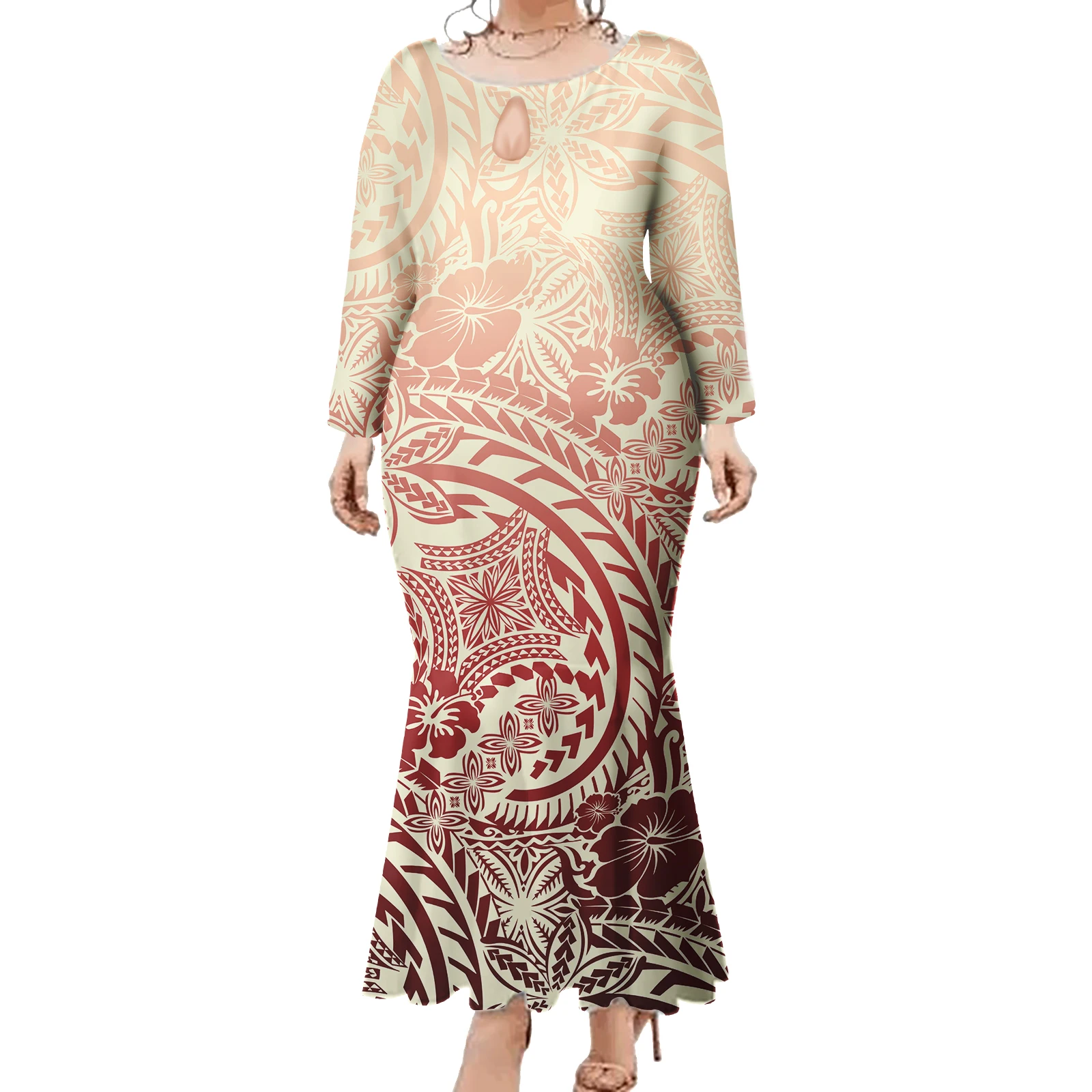 Custom Casual เสื้อผ้ากระโปรงลูกเรือคอชุดเกาะชุดยาว Polynesian Tribal Elegant ผู้หญิงชุด